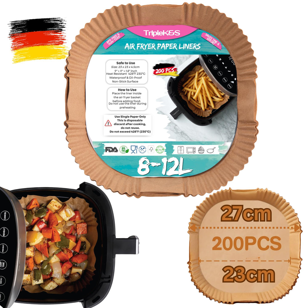 Triple K&S Airfryer Backpapier 200 Stück, 23 x 23 cm Antihaft Backpapier Einlagen für 7,5–10 L Heiss