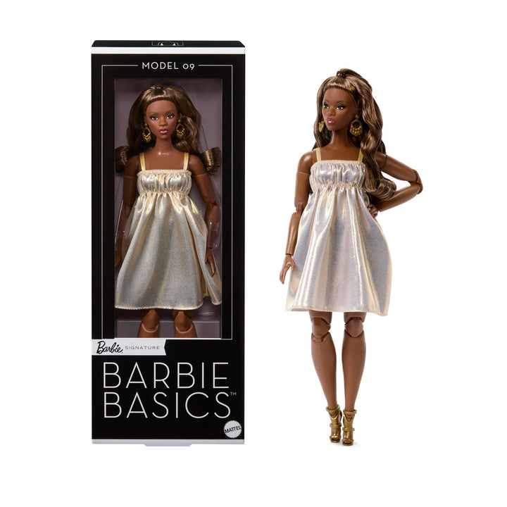 Barbie Basics Model Collector Fashion Doll 09 mit brünetten Haaren in einem goldenen Kleid und Riemc