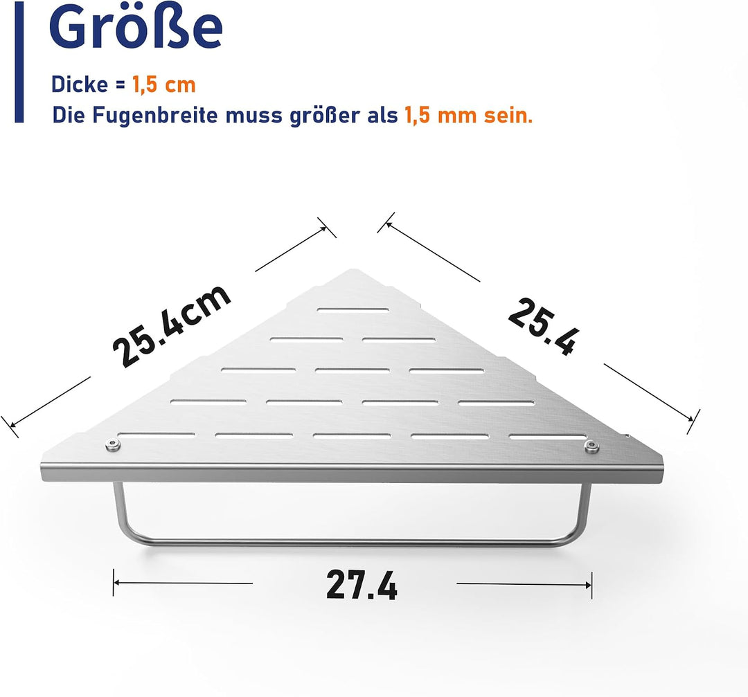 Eck-Duschregal aus 304-Edelstahl,Eckregal Dusche mit Handtuchstange | 25,4 cm Duschablage Ecke für B