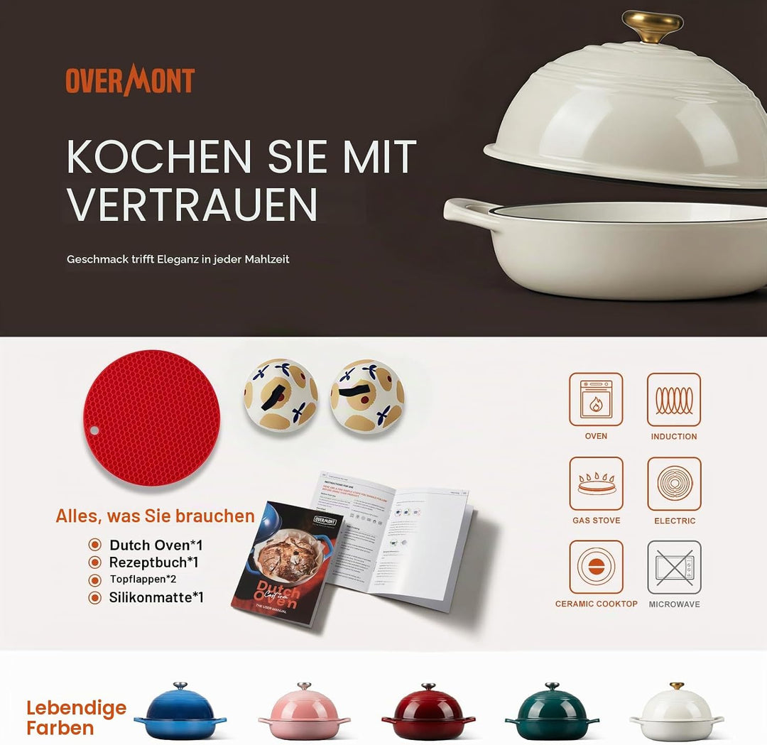 Overmont Gusseisen Topf Emaille Brotbacktopf - 5.7L Bräter Schmortopf mit Deckel und Kochbuch – für