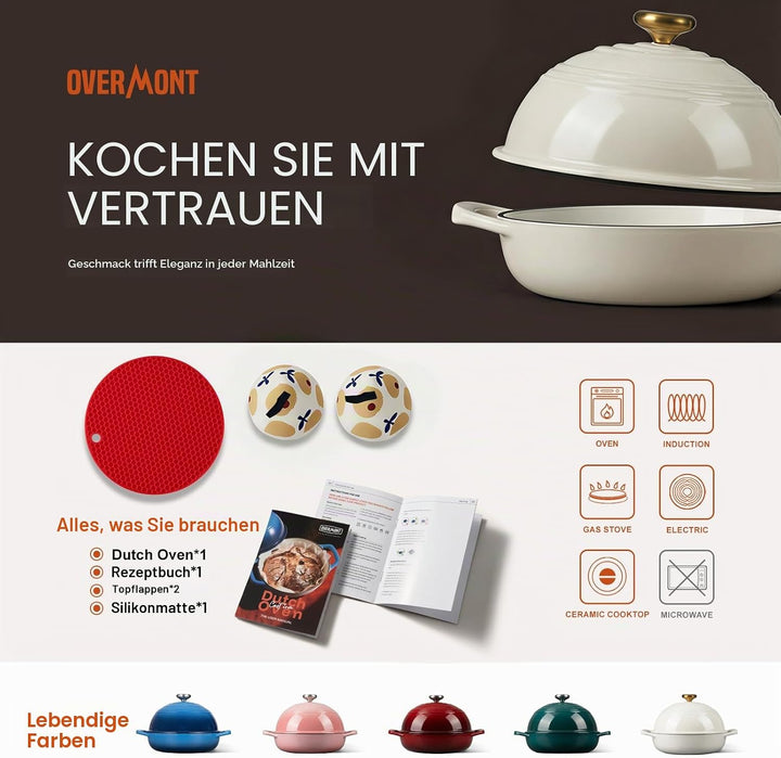 Overmont Gusseisen Topf Emaille Brotbacktopf - 5.7L Bräter Schmortopf mit Deckel und Kochbuch – für