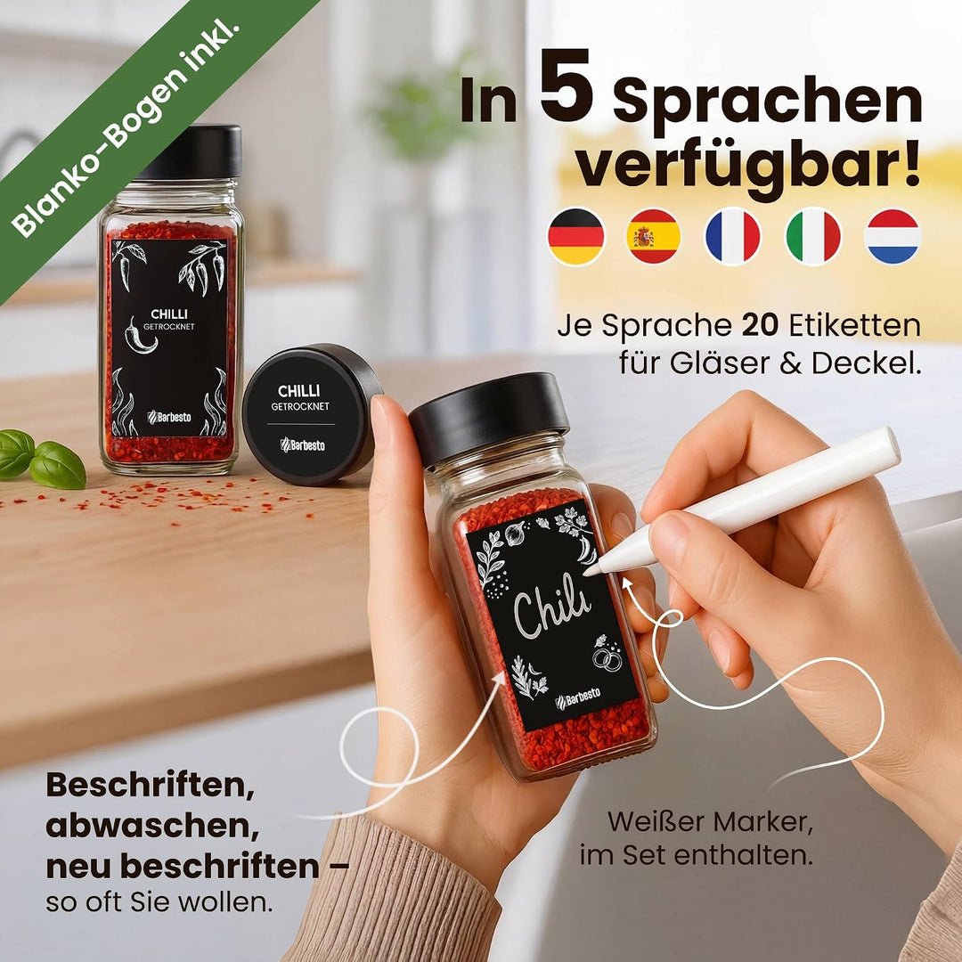 CLP Gewürzgläser eckig 24er Set (120ml), Gewürzstreuer klein mit Streueinsätzen und Etiketten, inkl.