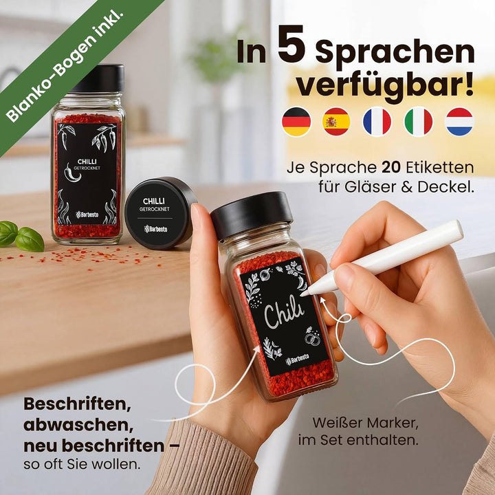 CLP Gewürzgläser eckig 24er Set (120ml), Gewürzstreuer klein mit Streueinsätzen und Etiketten, inkl.