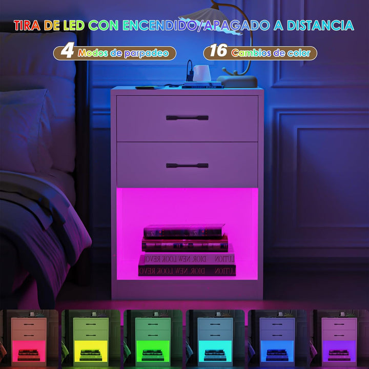 PIPIPOXER Nachttisch mit Steckdose& USB, Moderner Nachtschrank mit Led, Nachtkommode mit 2 Schublade