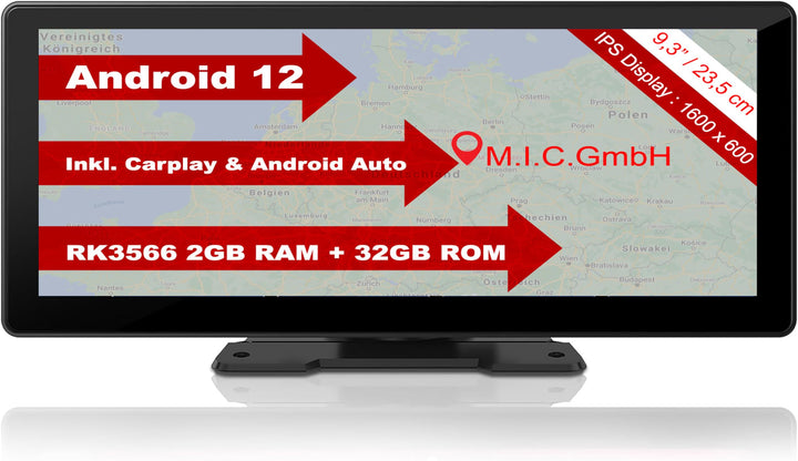 M.I.C. Smart Screen Android 12 Tragbares Autoradio mit RK3566 2G+32G: 9.3" HD Touchscreen Wireless A