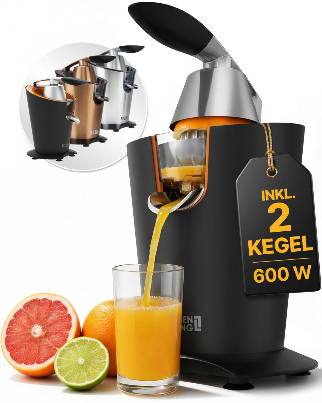 LEBENLANG Orangenpresse elektrische Edelstahl 600W - Inkl. Edelstahlkegel &amp; BPA-Frei I Hohe Saftausb