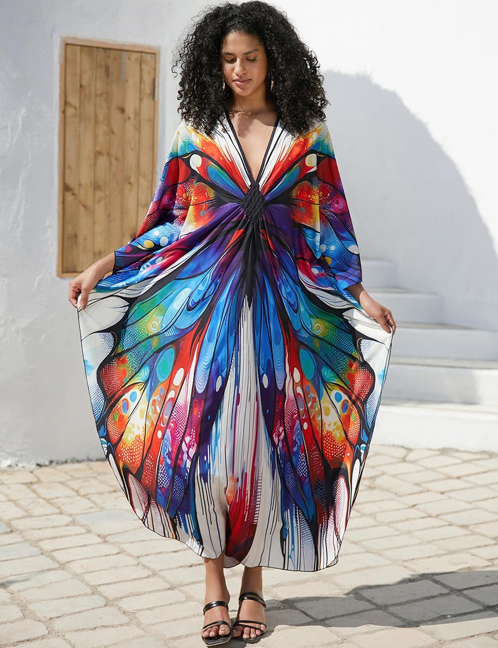 Bsubseach Damen Ethnic Print Kaftan Beach Dress Plus Size Strandkleid Bunter Schmetterling, Bunter S