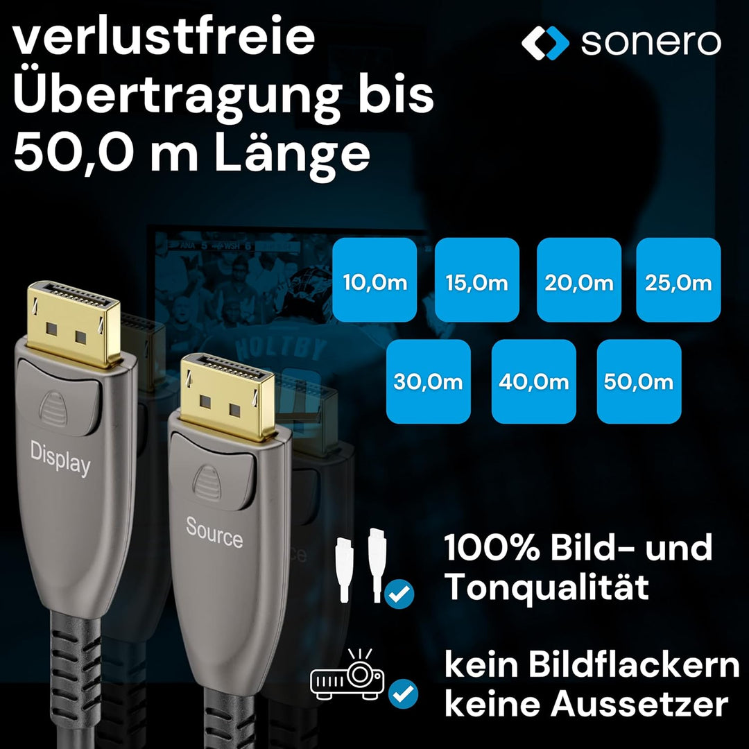 Sonero® 8K-DisplayPort 1.4 Kabel, Glasfaser-Hybrid-Kabel, Auflösung bis 8K 60 Hz (7680 x 4320) / 4K