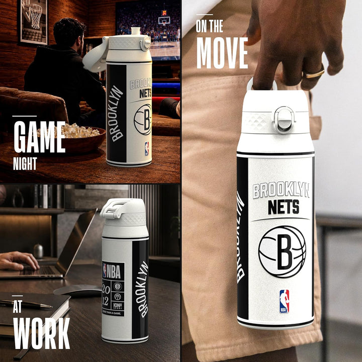 ion8 NBA Brooklyn Nets Trinkflasche Mit Herausnehmbarem Strohhalm, 750ml/24oz, Auslaufsichere Isolie