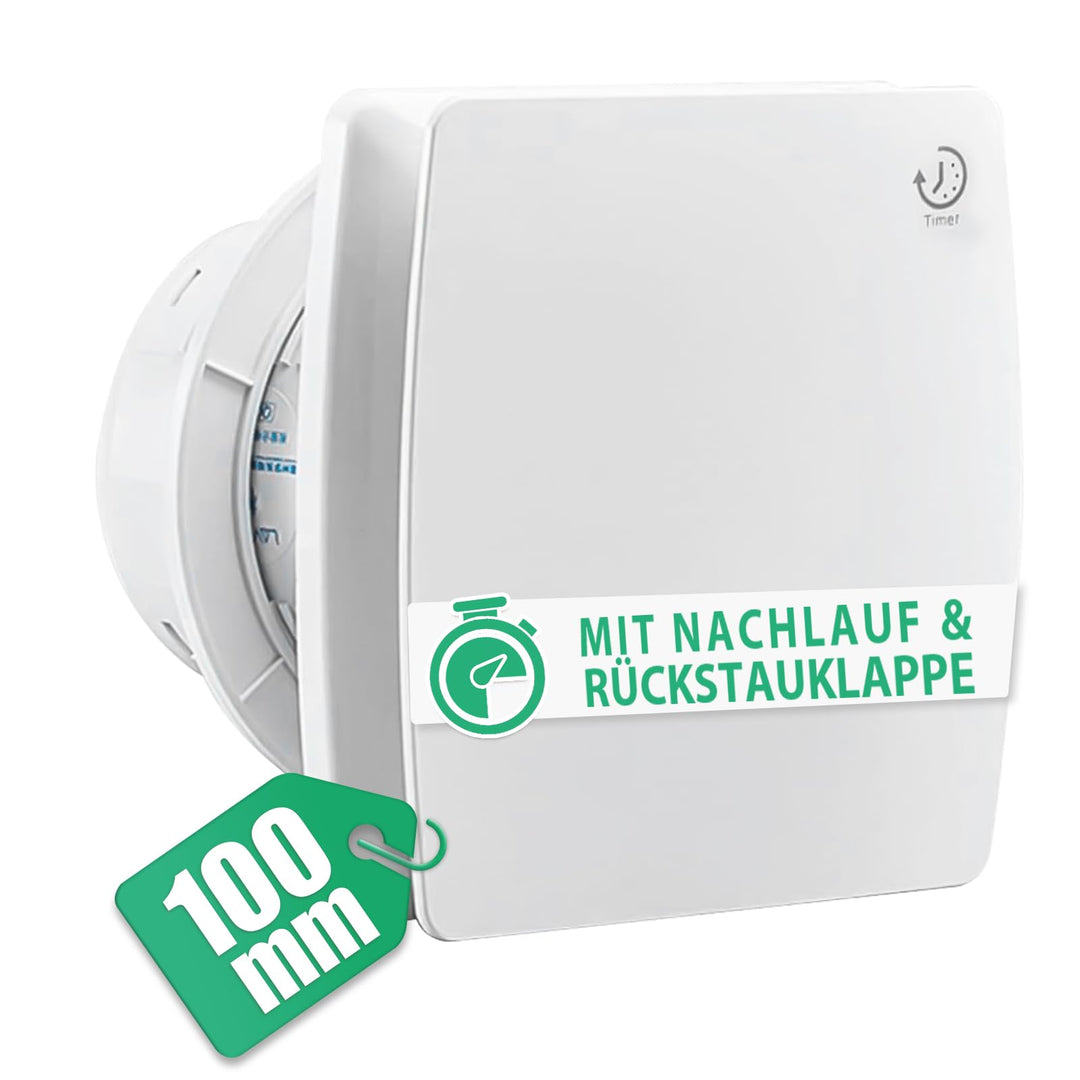 Leiser Badlüfter 100mm, Mit Nachlauf, Abluftventilator Wandventilator mit Rücklaufklappe, Lüfter f.