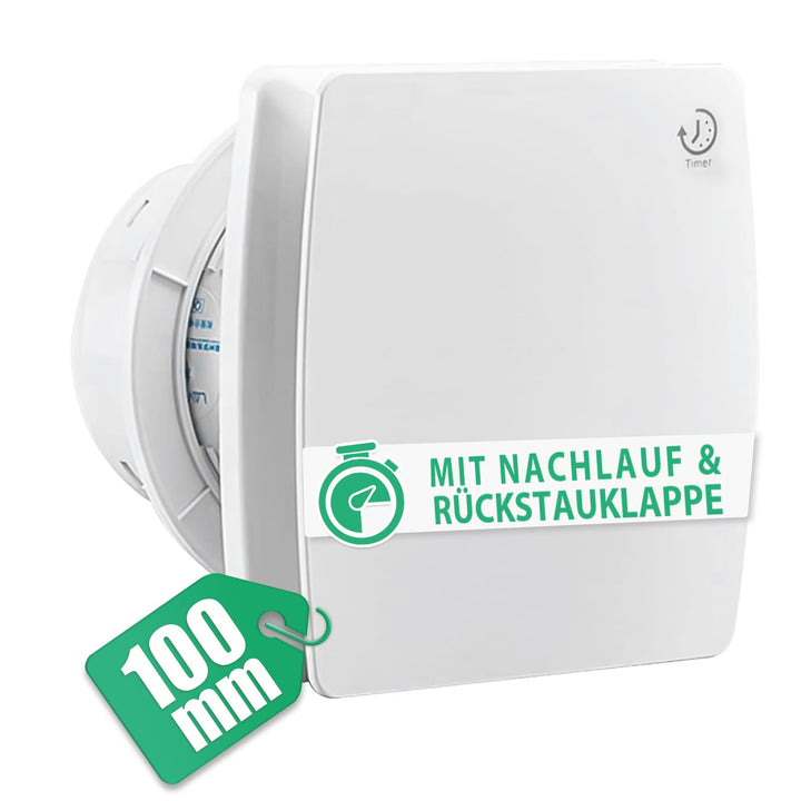 Leiser Badlüfter 100mm, Mit Nachlauf, Abluftventilator Wandventilator mit Rücklaufklappe, Lüfter f.