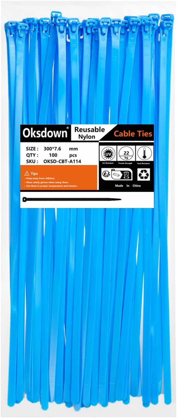 Oksdown Kabelbinder wiederverschliessbar Blau 300 mm × 7,6 mm 100 Stück UV-Beständig Stark Gross Nyl