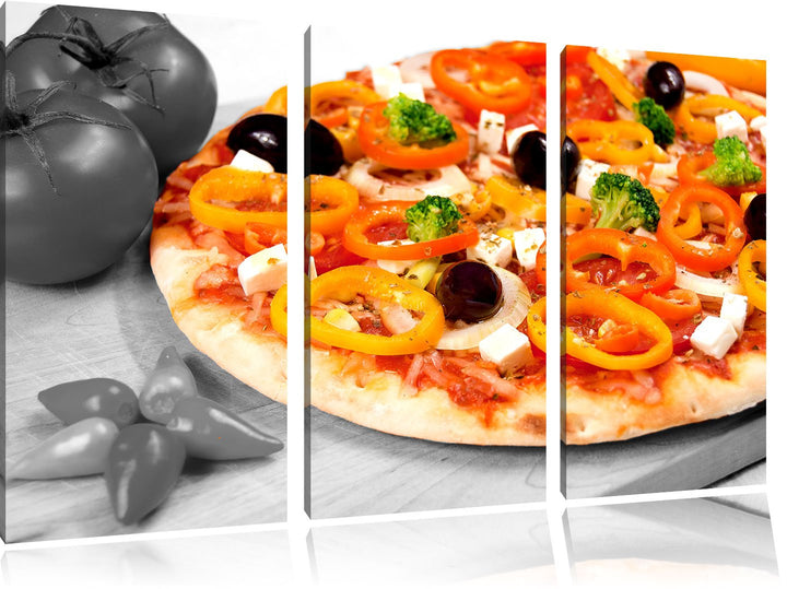 Pixxprint Pizza mit Oliven und Hirtenkäse als Leinwandbild/Grösse: 3 Teilig (120x80) cm/Wandbild/Kun