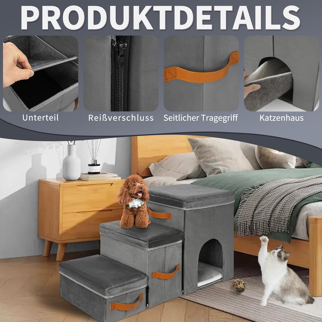 Haustiertreppe 3 Stufen mit Zwingerdesign Hundetreppe Zusammenklappbar mit Stauraum,Kombinierte Verw