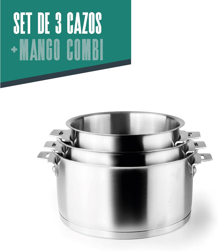 Lacor - 56610 - Set mit 3 Kombi-Töpfen, Griff, stapelbar, geeignet für Induktion, Spülmaschine und B