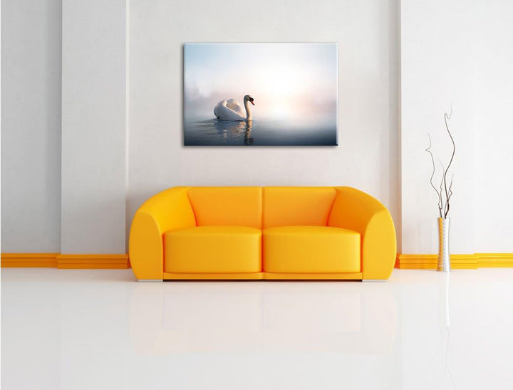 traumhafter weisser Schwan im See Format: 100x70 auf Leinwand, XXL riesige Bilder fertig gerahmt mit