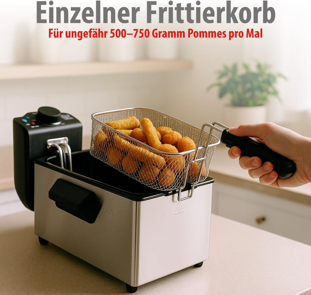 alpina Fritteuse - 3 Körbe - 5 Liter - 2000 Watt - Thermostat bis 190 °C - Anti-Heizung - Edelstahl