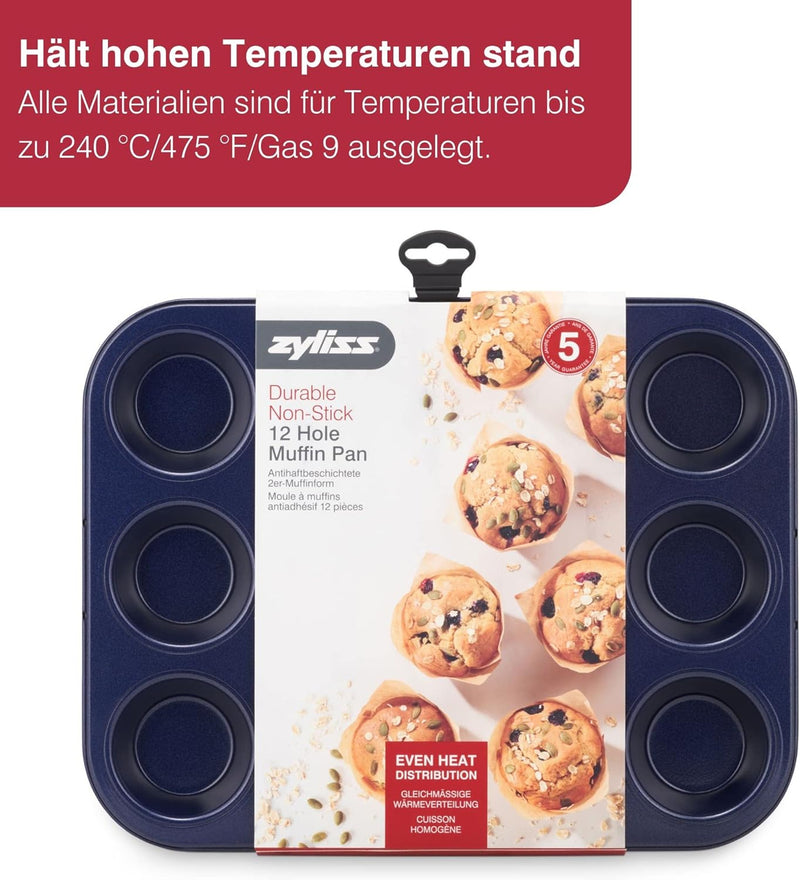 Zyliss E980200 Muffinform, Antihaftbeschichtung, Carbonstahl, Dunkelblau, Blech für 12 Muffins, Muff