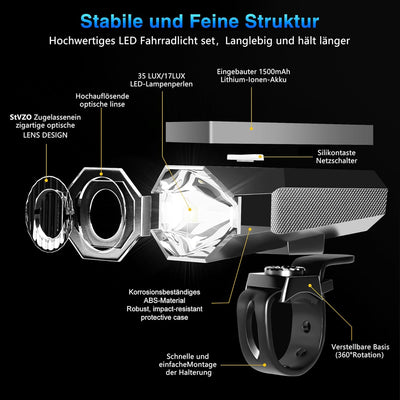 LED Fahrradlicht Set Wiederaufladbare, STVZO Zugelassen Fahrradlicht Fahrradlichter Fahrradlampe Set