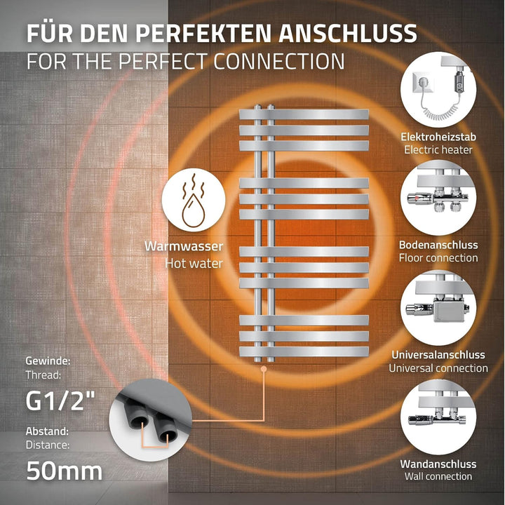 ECD Germany Iron EM Design Badheizkörper Elektrisch mit Heizstab 300 W - 500 x 1000 mm - Chrom - Des