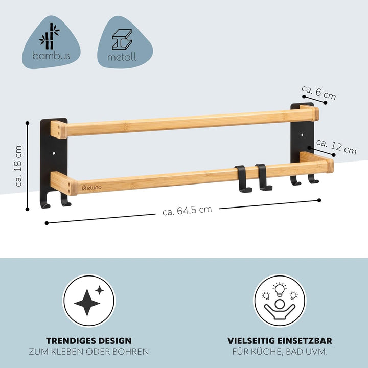 eluno Handtuchhalter 60 cm mit 2 Handtuchstangen und 6 praktischen Haken - mit hochwertigem Klebeban
