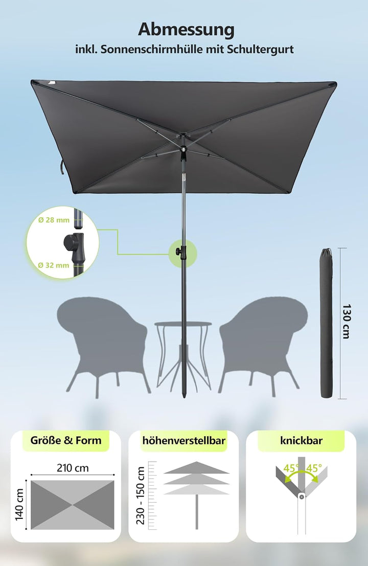 4smile Sonnenschirm Balkon im Set – Sonnenschirm rechteckig 210×140 cm, UV 50+ Sonnenschutz Balkon,
