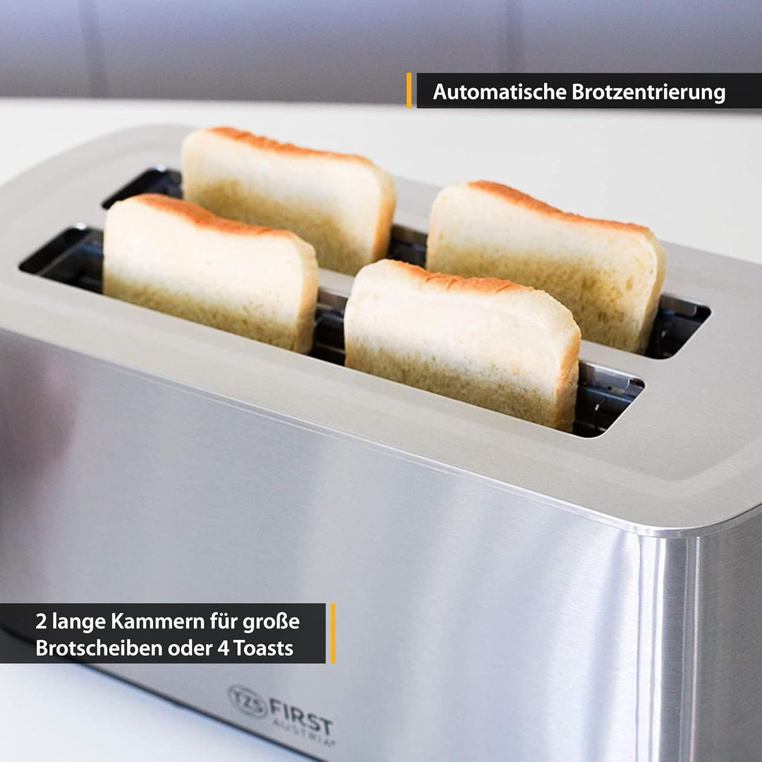 TZS First Austria Toaster Langschlitz, Edelstahl, 4 Scheiben, 1400W, mit abnehmbarem Brötchenaufsatz