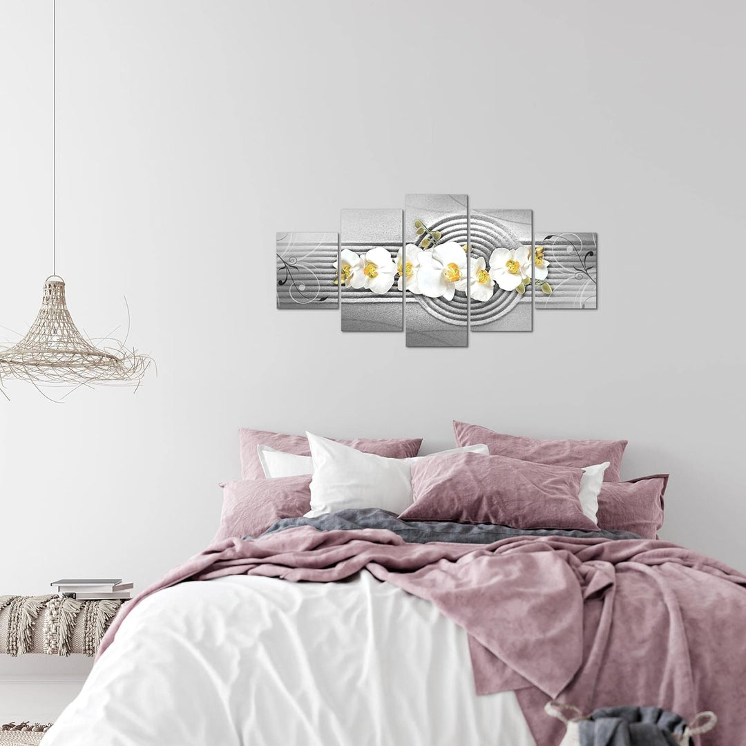 Runa Art Wandbilder Blumen Orchidee 5 Teilig Bild auf Vlies Leinwand Deko Wohnzimmer Sand Grau Gelb