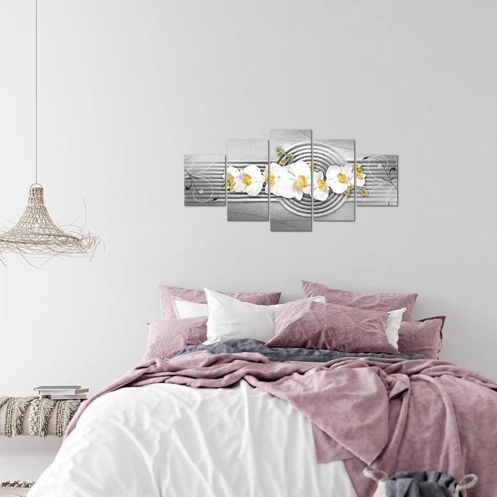 Runa Art Wandbilder Blumen Orchidee 5 Teilig Bild auf Vlies Leinwand Deko Wohnzimmer Sand Grau Gelb