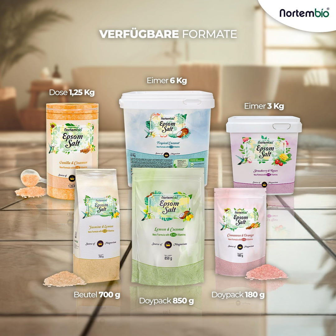 Nortembio Epsom Salz 6 Kg. Neuartigen Duft von Rosen und Erdbeeren. Hydratisiert mit Vitamin C und E