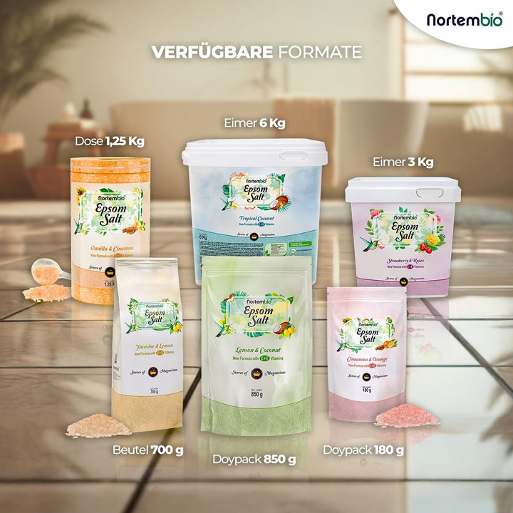 Nortembio Epsom Salz 6 Kg. Neuartigen Duft von Zitrone und Kokosnuss. Hydratisiert mit Vitamin C und