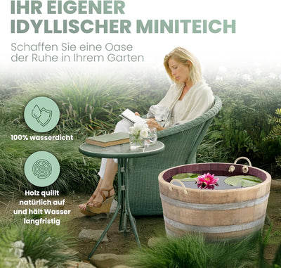 Temesso Holzfass, Kräuterbeet, Pflanzkübel Weinfass Fass halbiert mit Trageschlaufen (echtes Weinfas
