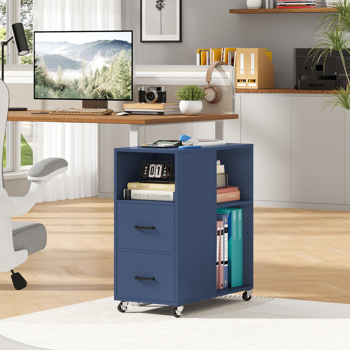 HOCSOK Rollcontainer Schreibtisch mit Verstellbarer Einlegeboden, Blau, Blau