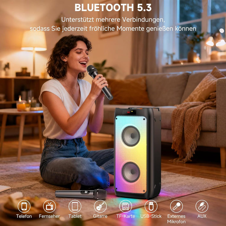 JYX Karaoke Maschine, Karaoke Anlage Mit 2 Mikrofonen, Tragbarer Bluetooth Lautsprecher Mit RGB Lich