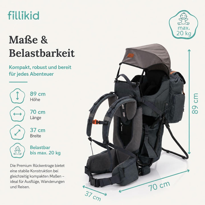 Fillikid Premium Babytrage Rückentrage Baby | Rücken Babytrage mit Sonnendach & grossen Staufächern