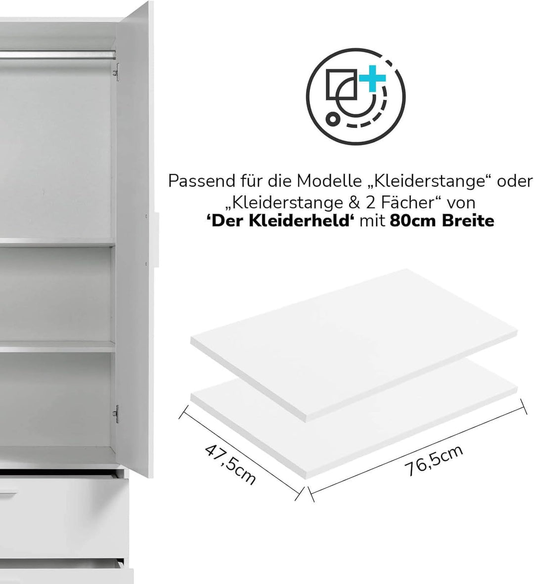 mokebo® Einlegeböden für Kleiderschränke aus Holz 'Die Kleiderheld' in weiss, in 76.5x1.50x47.5 (B/H