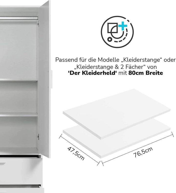 mokebo® Einlegeböden für Kleiderschränke aus Holz 'Die Kleiderheld' in weiss, in 76.5x1.50x47.5 (B/H