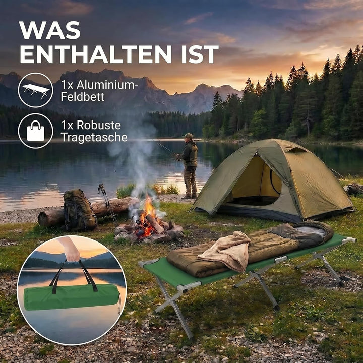 GOODS+GADGETS Faltbares Army Feldbett aus Aluminium - klappbares Campingbett & Gästebett Grün, Grün