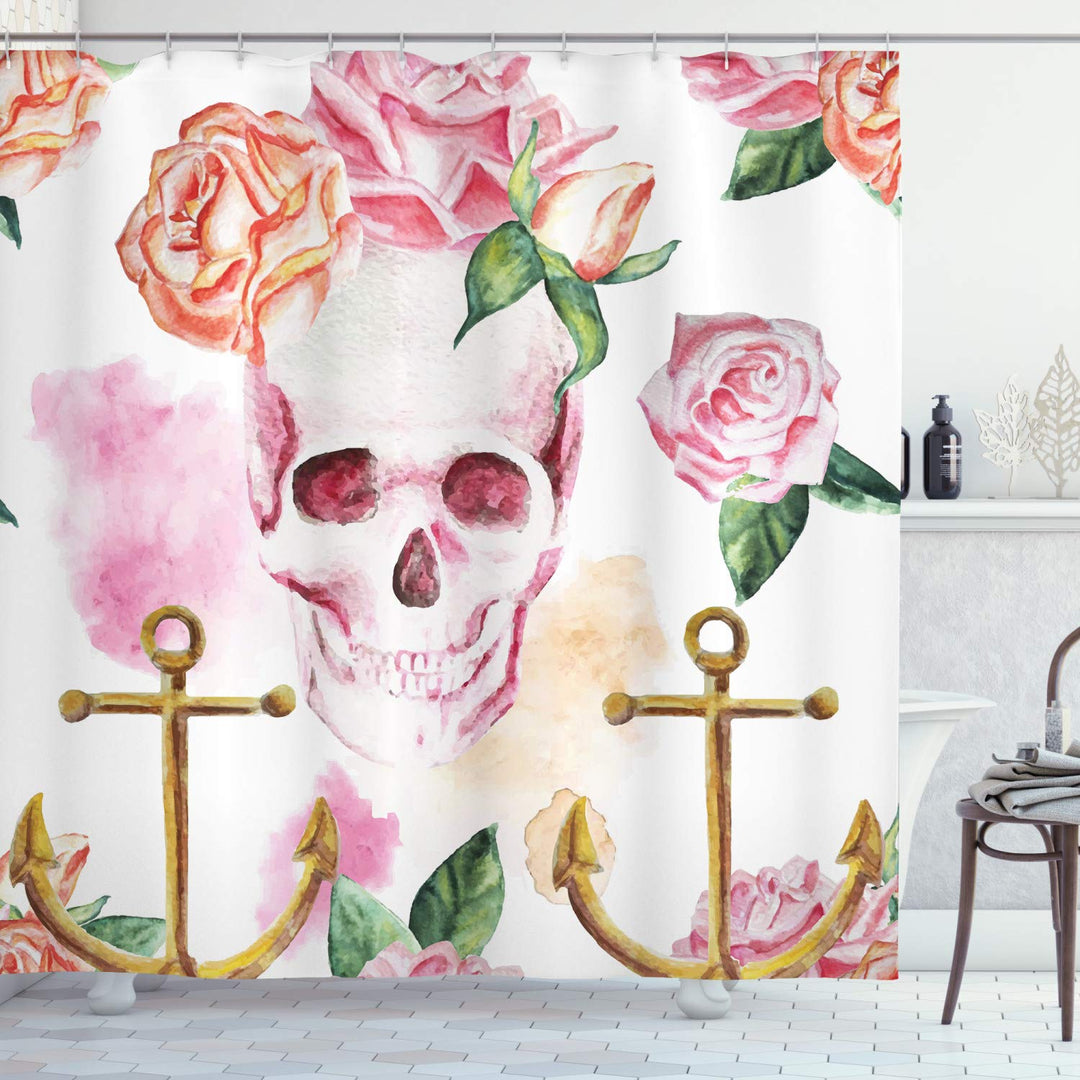 ABAKUHAUS Schädel Duschvorhang, Anchor Rosen Pfingstrose Kunst, Stoffliches Gewebe Badezimmerdekorat
