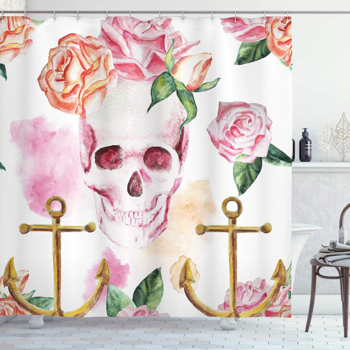 ABAKUHAUS Schädel Duschvorhang, Anchor Rosen Pfingstrose Kunst, Stoffliches Gewebe Badezimmerdekorat