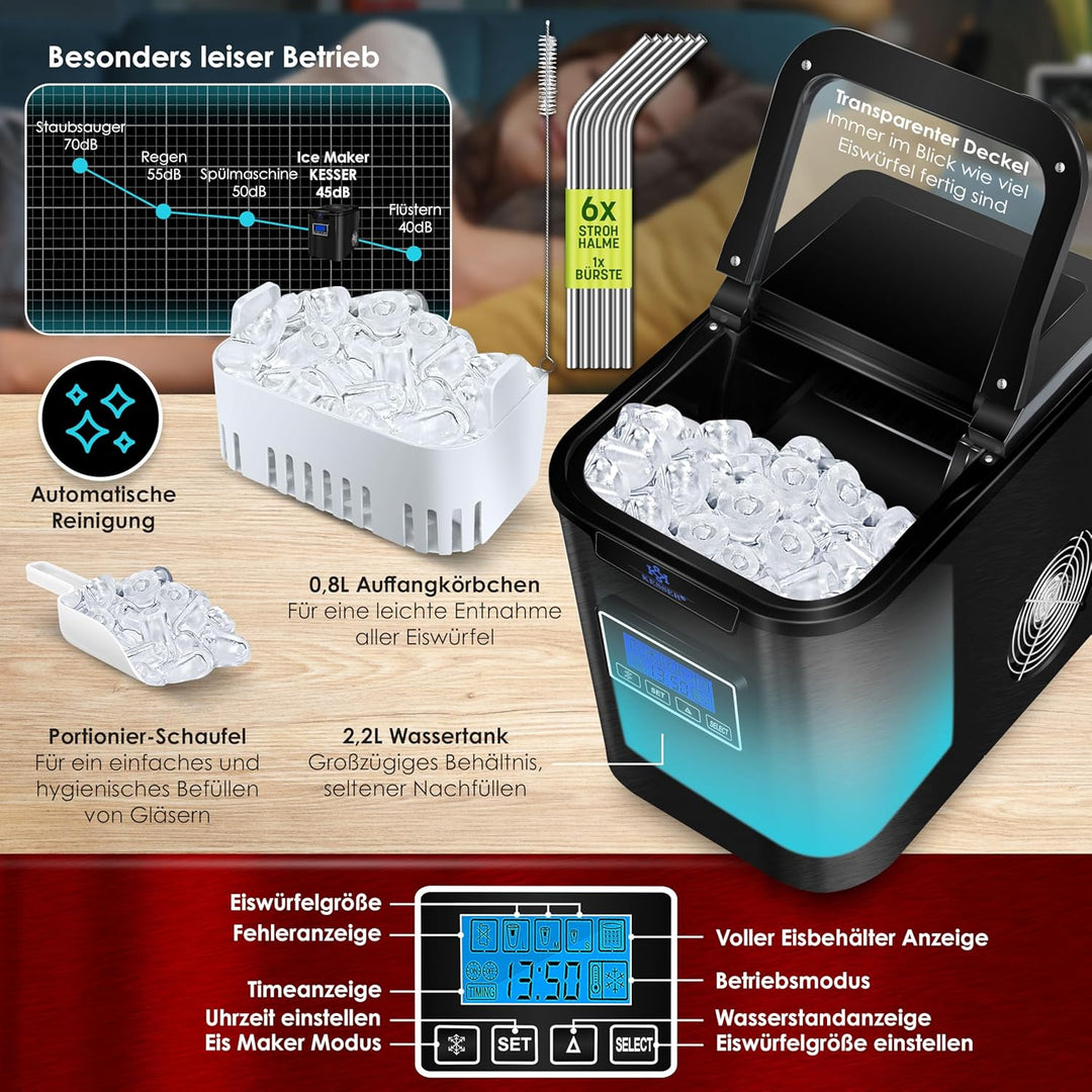 KESSER® Eiswürfelbereiter | Eiswürfelmaschine Edelstahl | 150W Ice Maker | 12 kg 24 h | 3 Würfelgrös