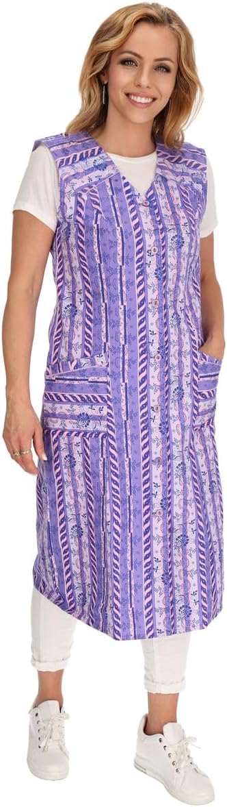 Knopfkittel Baumwolle bunt Kochschürze Hauskleid Kittel Schürze ohne Arm 38 violett, 38 violett