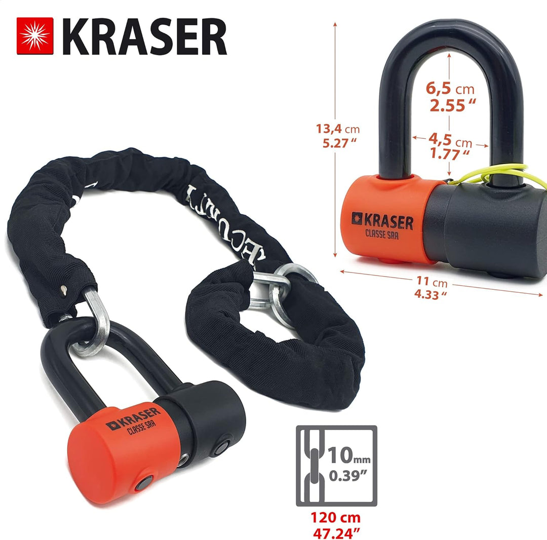 KRASER KR50+120L Motorradkette Diebstahlsicherung + Vorhängeschloss SRA Homologierte Anti-Diebstahl-