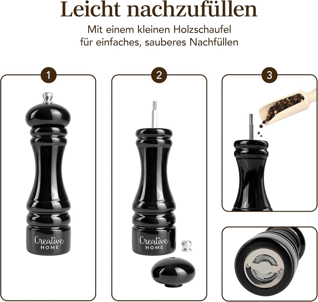 Creative Home Grosse Salz Pfeffermühle Holz | Set von 2 Mühlen Weiss Schwarz mit Mini-Holzschaufel |