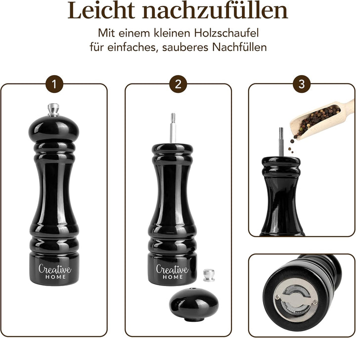 Creative Home Grosse Salz Pfeffermühle Holz | Set von 2 Mühlen Weiss Schwarz mit Mini-Holzschaufel |