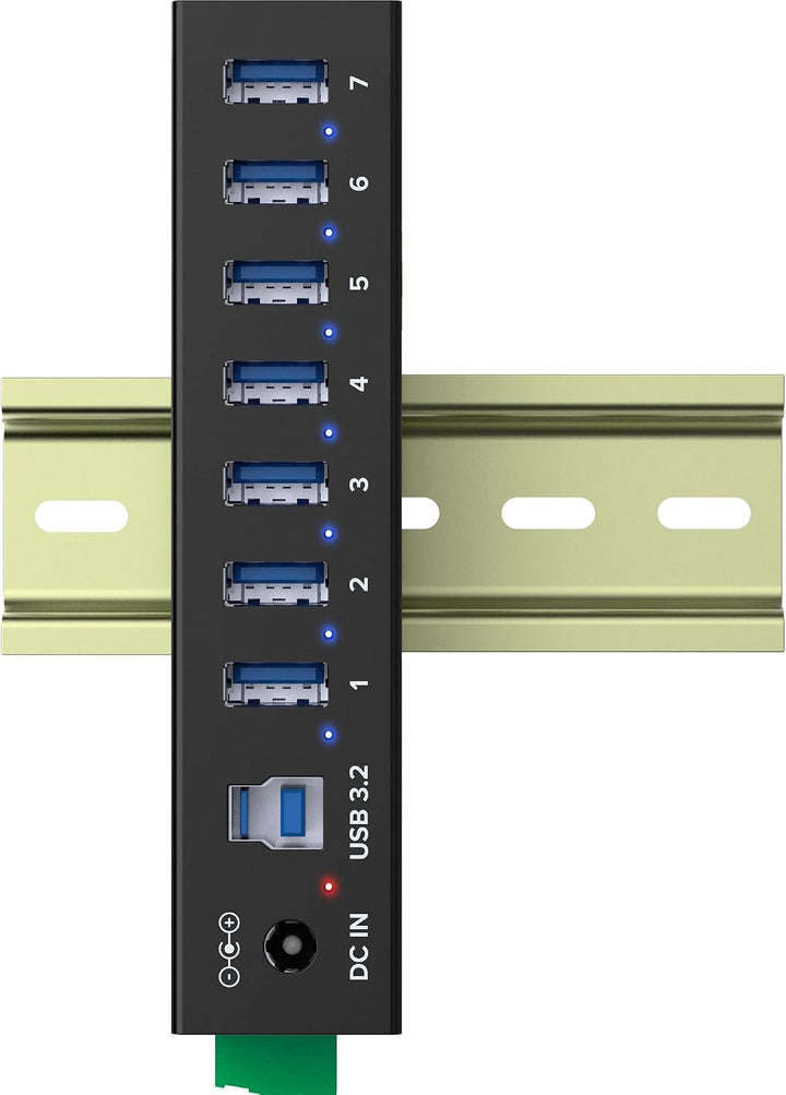 Inline USB 3.2 Gen.1 Industrie-Hub mit 7 Ports, Aluminiumgehäuse, DIN-Schienen-Montage, aktiver USB-