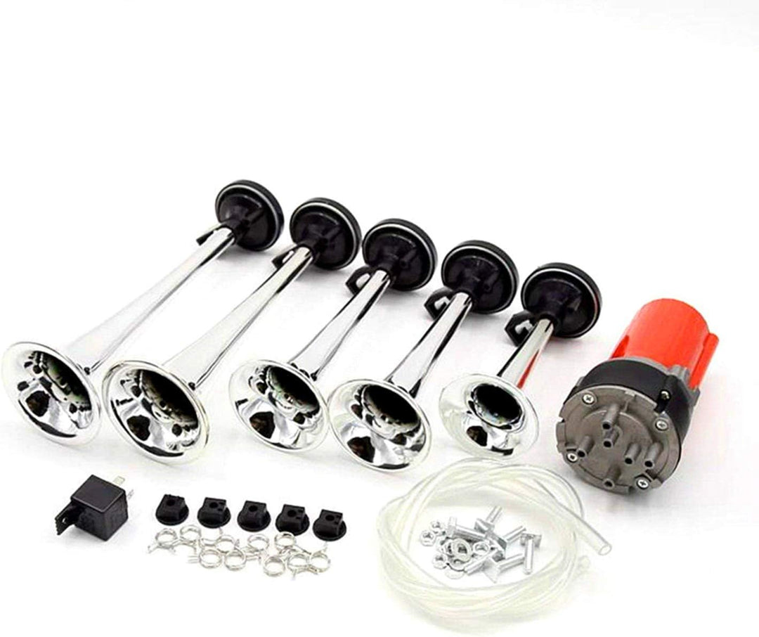 YIYIDA Fünf-Röhren-Musikhorn Autohupe Dixiland Mehrfrequenz-Sound rote Luftpumpe Persönlichkeit 12V