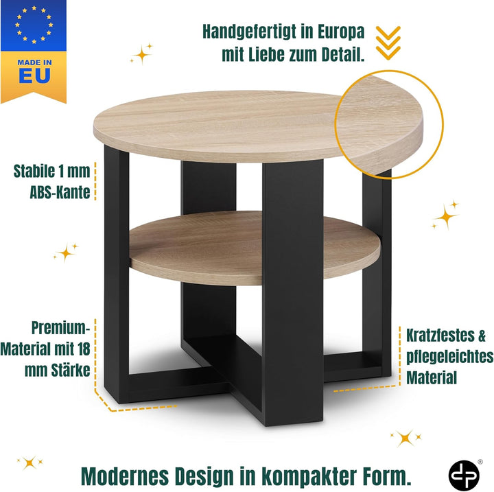 Couchtisch rund Ø53 cm - Kleiner Beistelltisch mit Ablage - Sonoma Eiche - 2 Ebenen, runder moderner
