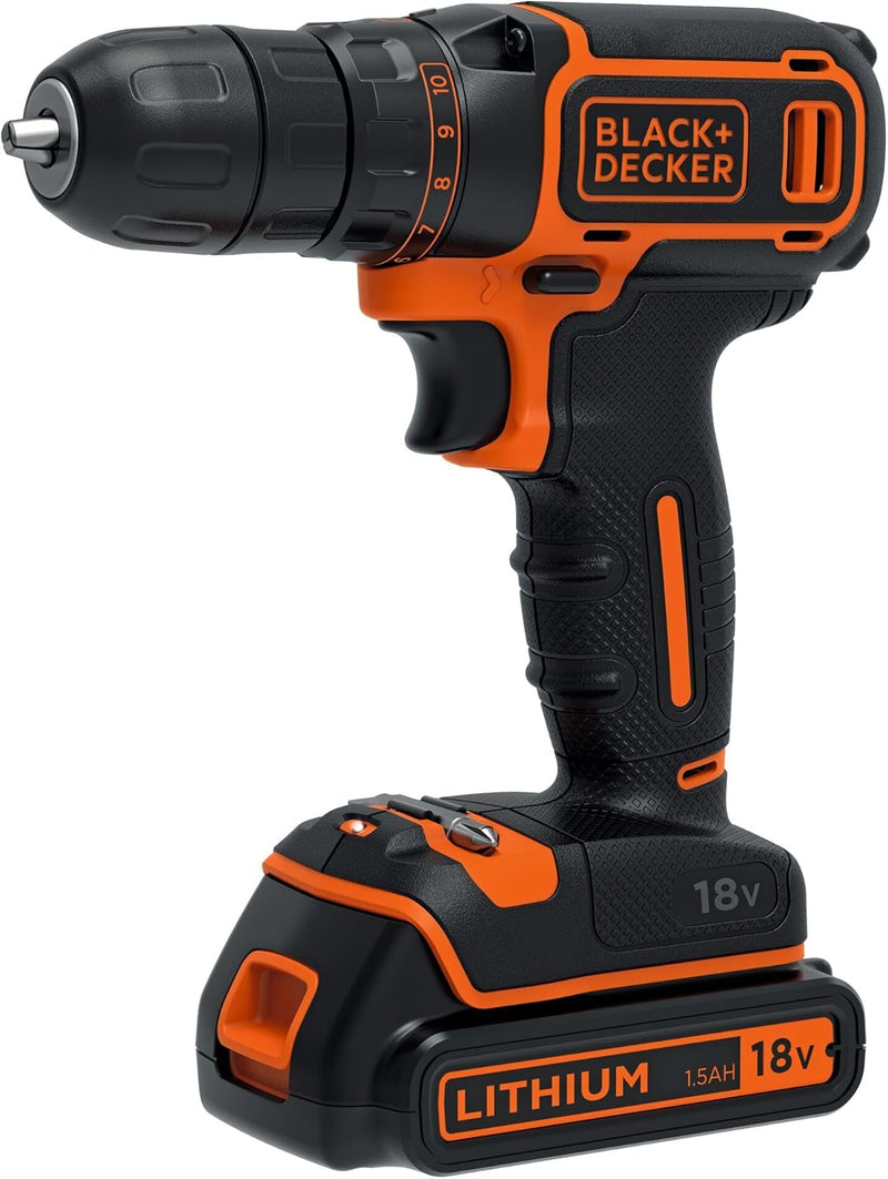 Black+Decker Akku-Bohrschrauber (18V, 1.5 Ah, Planetengetriebe, LED-Arbeitsleuchte, Softgriff, inkl.