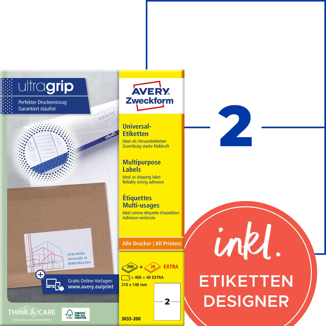 AVERY Zweckform 3655-200 Universal Etiketten (400 plus 40 Klebeetiketten extra, 210x148mm auf A4, be